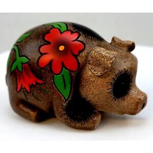 Floral Friends Pig 2006 Second Nature Design Brown Black Spots Red Flowers 4x2.5